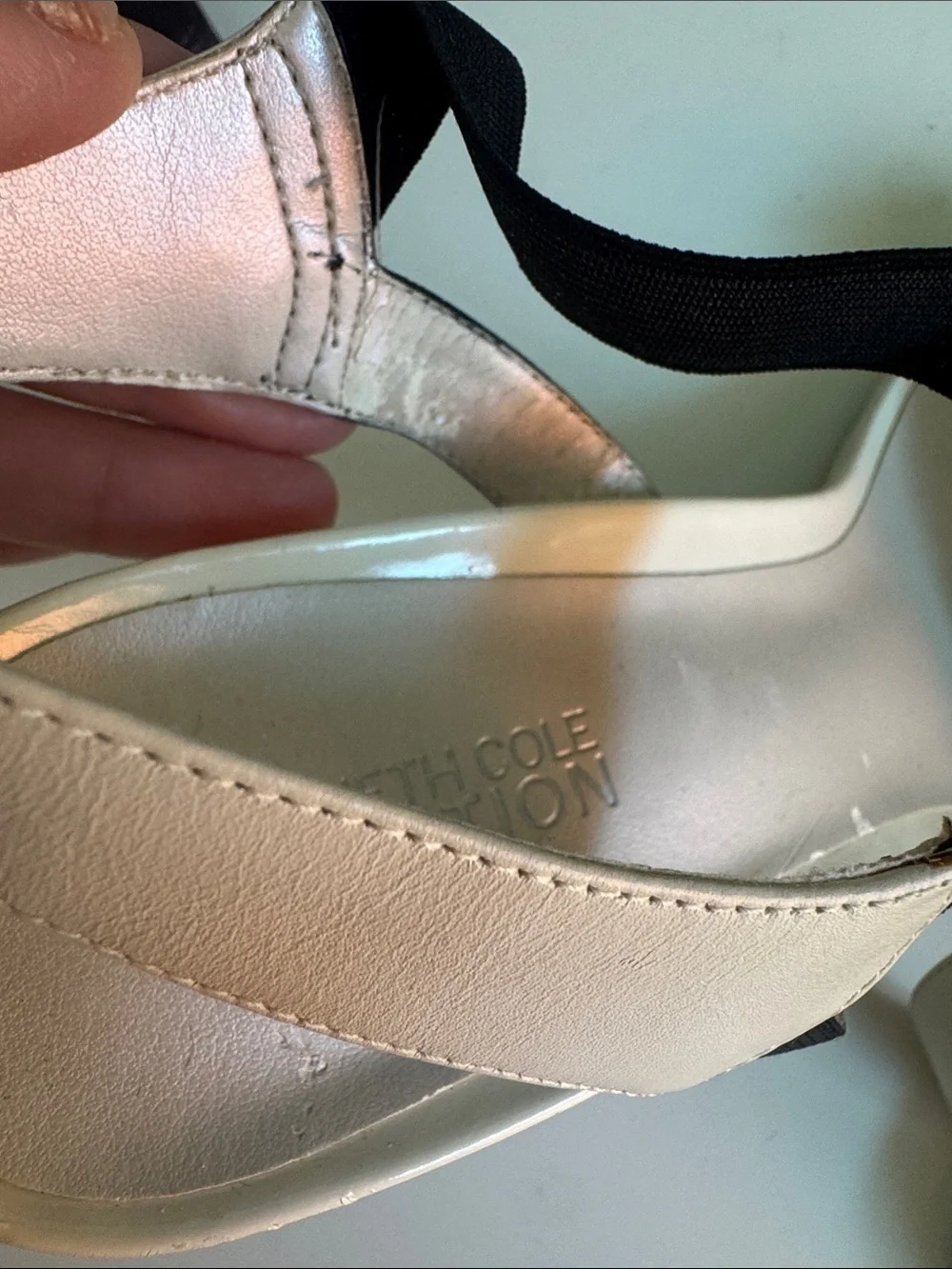 Kenneth Cole Reaction Cream Patent Slingback Sandals with Black Elastic
